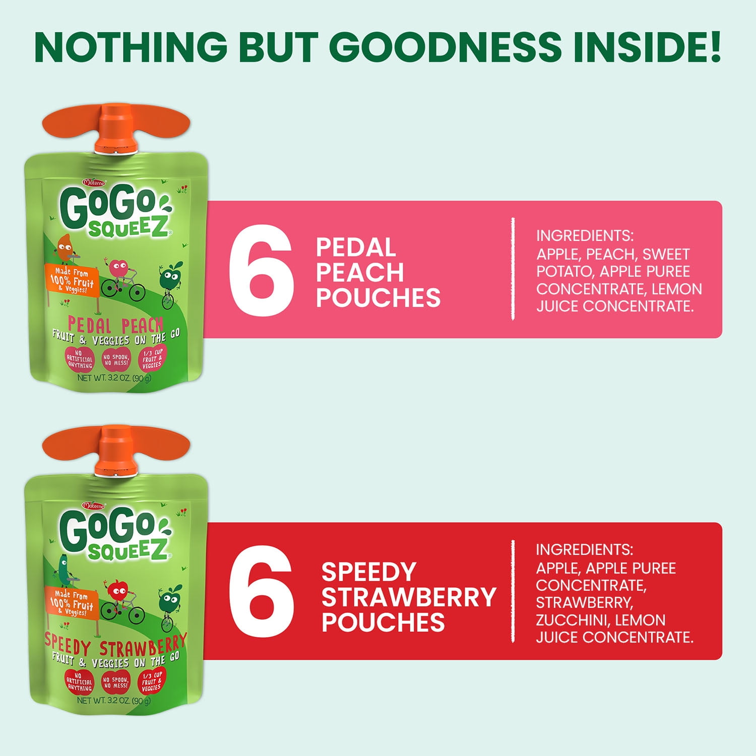 GoGo squeeZ Fruit & veggieZ Applesauce and Puree Variety Pack, Pedal Peach and Speedy Strawberry Snack Pouches Variety Pack, 3.2 oz, 12 pack