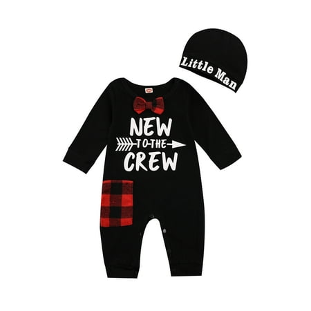 

Calsunbaby 2PCS Newborn Baby Girls Boys Letter Print Long Sleeve O-Neck Jumpsuit with Bow + Cap