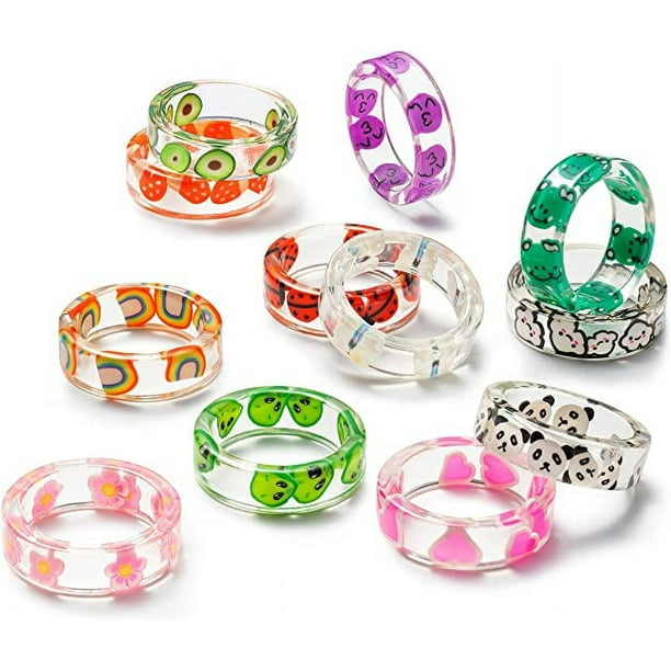 ShenMo 12Pcs Cute Acrylic Resin Indie Rings Set Colorful Summer