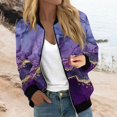 thumbnail image 2 of Women's Stylish Purple Marble Print Bomber Jacket with Gold Accents, Lightweight Casual Zip-Up Coat, 2 of 5