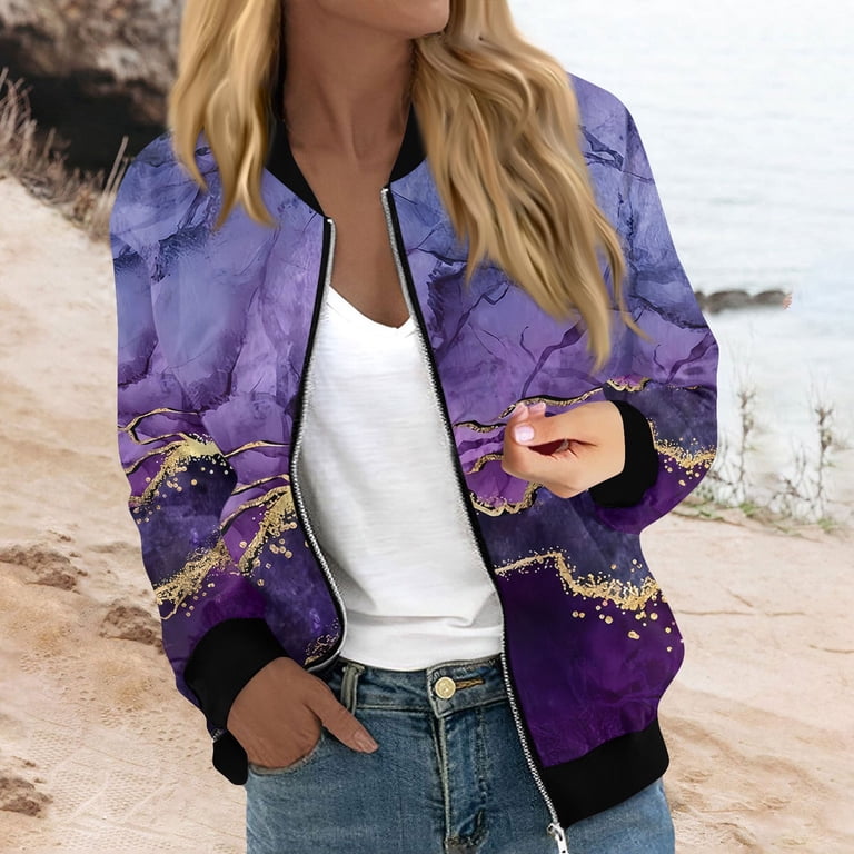 Women's Stylish Purple Marble Print Bomber Jacket with Gold