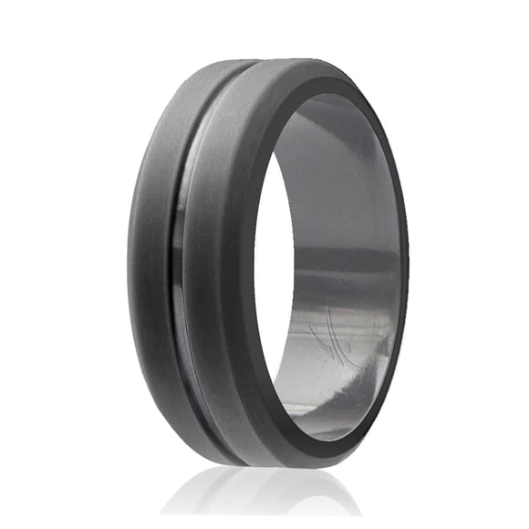 Alianza de boda de silicona - Línea media grabada - Gris de ROQ para hombre - Anillo de 9 mm