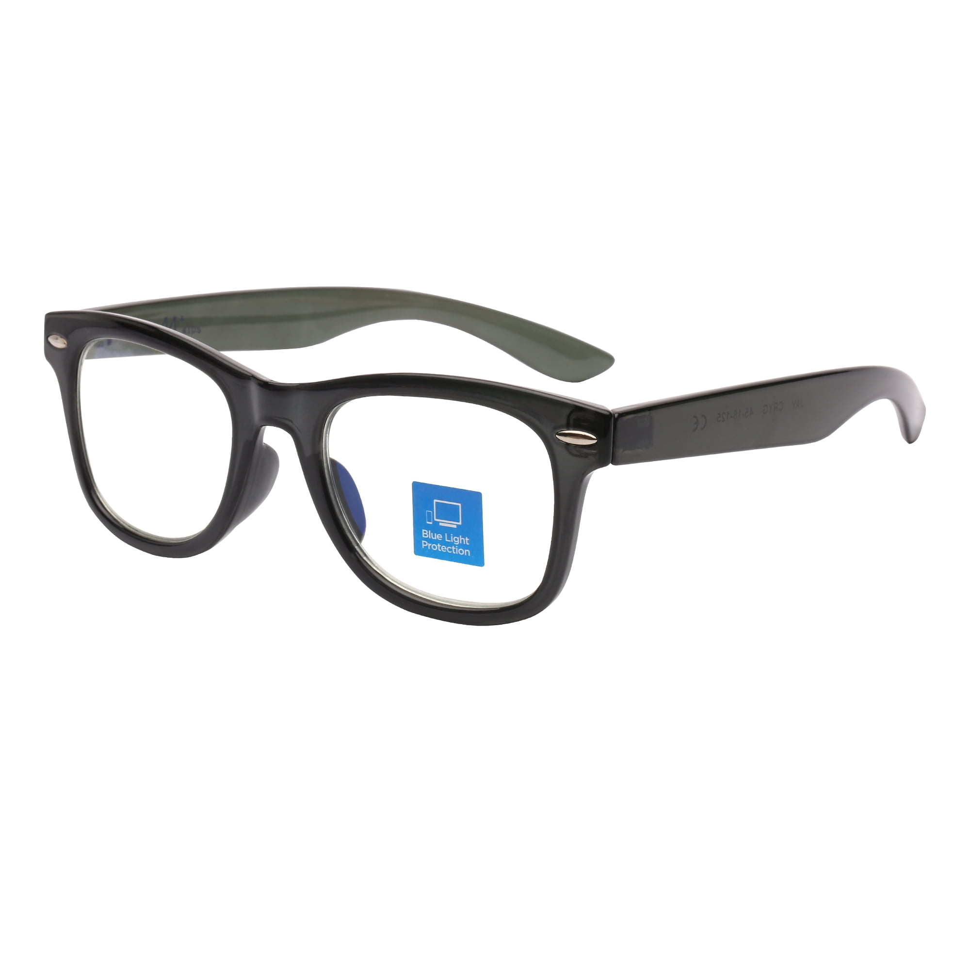 M+ Plano Blue Light Lens Injection Boys Frames, Jay, Grey Crystal, 45.0-18.5-125, with Case