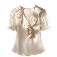 thumbnail image 2 of ClodeEU Women's Satin Ruff V Neck Puff Short Sleeve Blouse,Elegant Dressy Silky Top Beige,Women's Plus L, 2 of 6