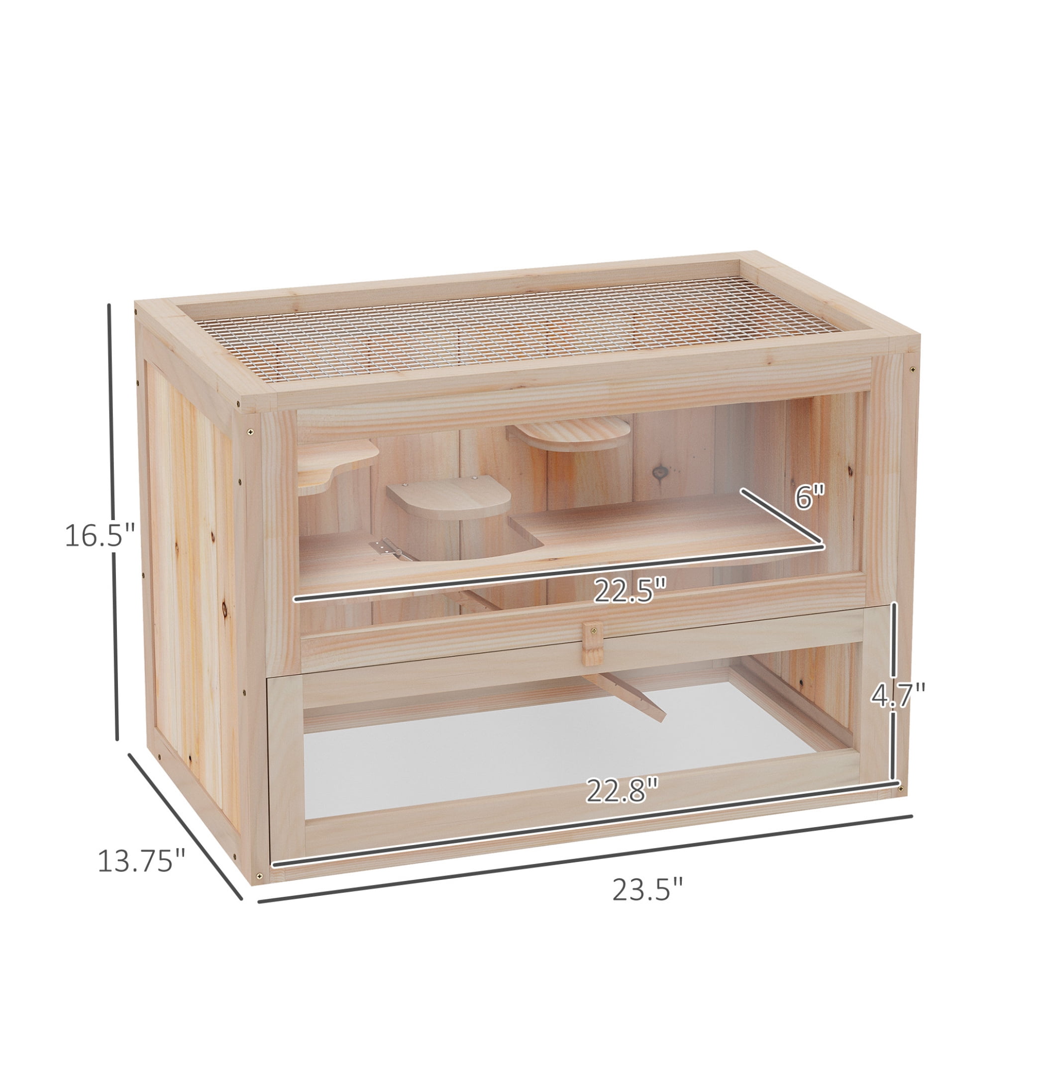 Hamster Cage 2 Level, Mice & Rat Habitat, Guinea Pig House - Wood Small Animal Cage w/Open Top, Front Door, Shelf & Ladder, Natural Finish