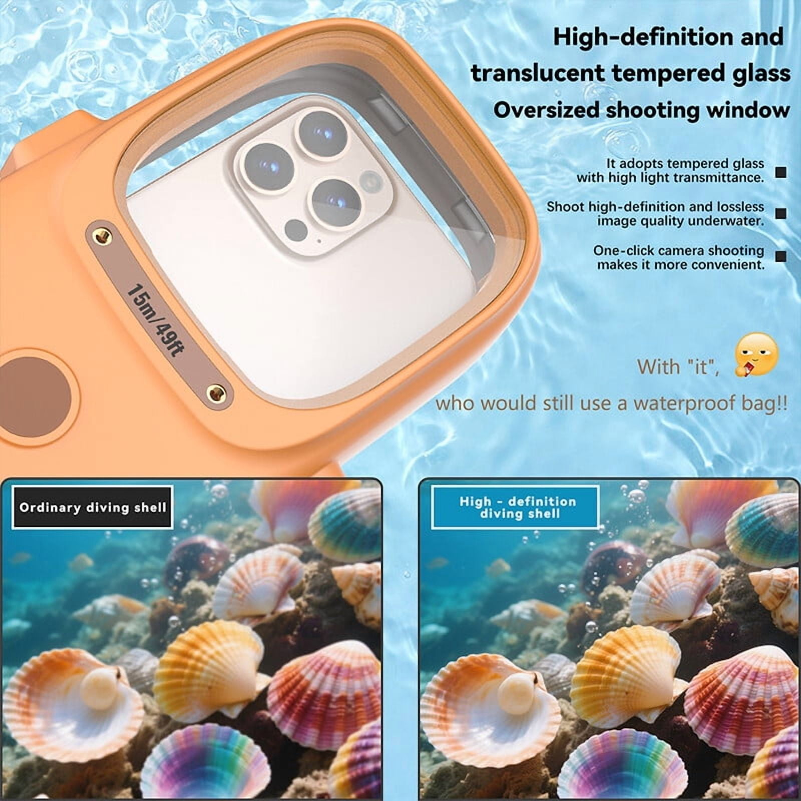 Universal Diving Waterproof Phone Case, Underwater Wireless Connection Photo Video for Surfing Swimming Snorkeling Compatible for iPhone/Galaxy/Google/Motorola Orange