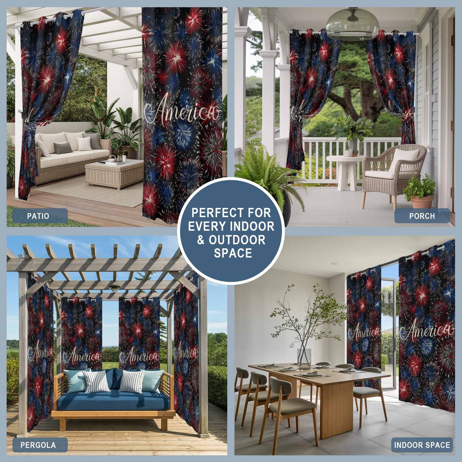 Independence Day Outdoor Curtains for Patio, America Letter Print Fantasy Colorful Firework Sunshade Privacy Drapes Grommet Waterproof Outside Curtains for Porch/Cabana/Balcony 54"x 108", 1 Panel