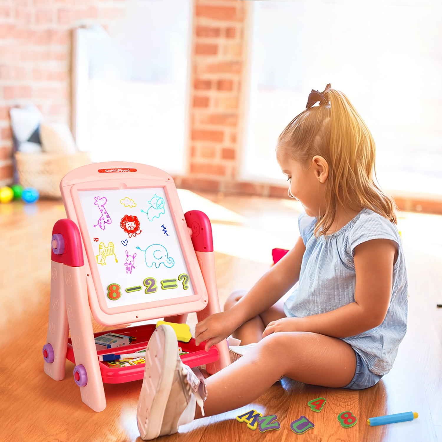 Huge Wave Toddlers Double Sided Magnetic Chalkboard and Whiteboard Art Easel, Pink