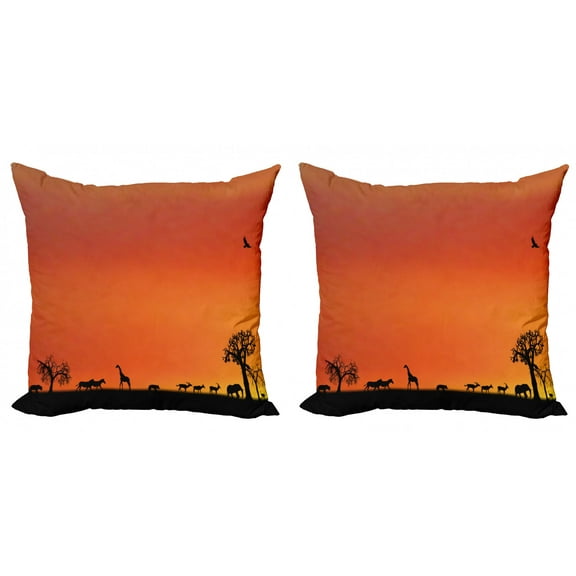 Ambesonne Animal Throw Pillow Cover 2 Pack, Savannah Sunset with Gull, 20", Burnt Orange and Black