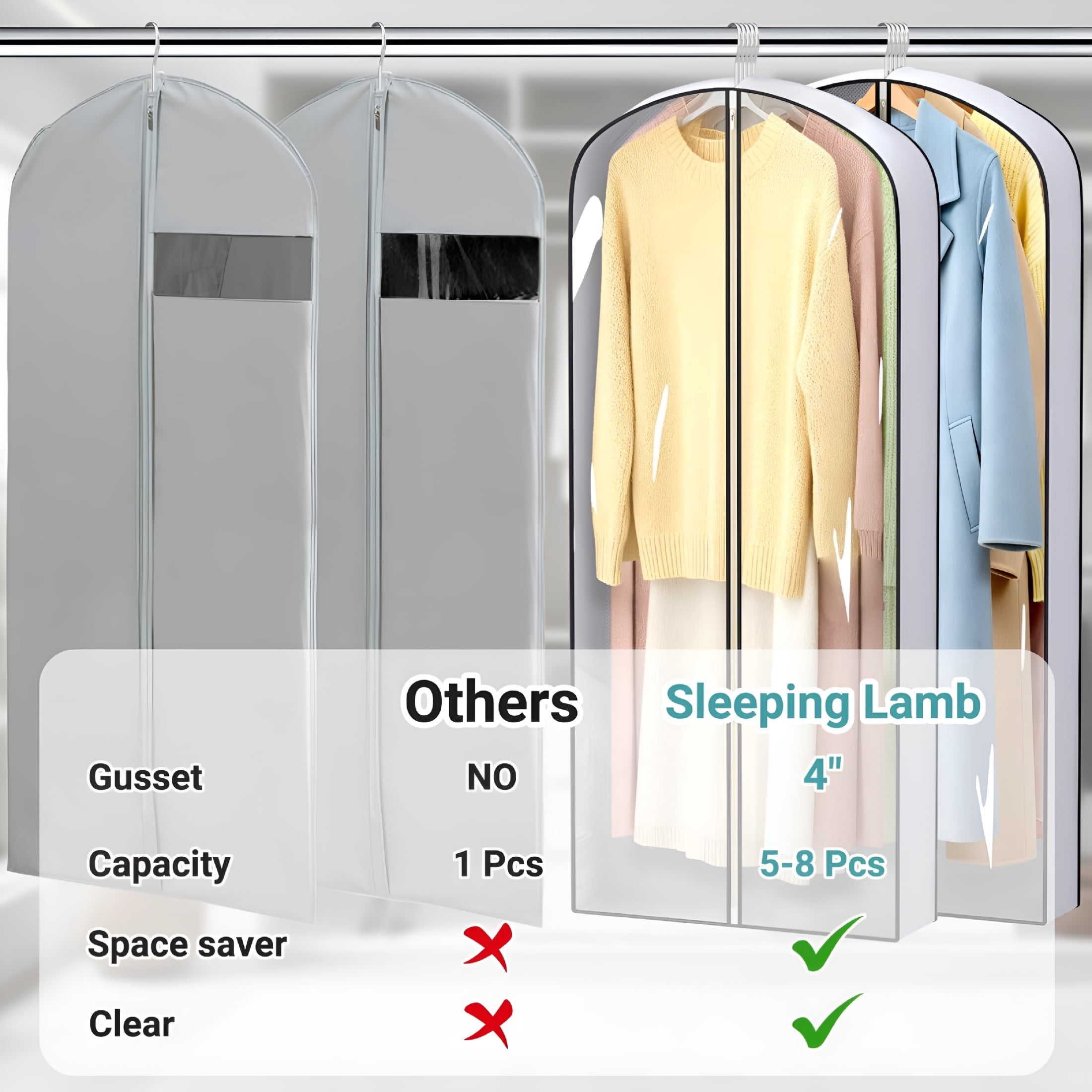 AUQ 60"Long Hanging Garment Bags for Closet Storage Gusseted Clear Dress Bag for Clothes,Gowns,Coats,Suits,5 Packs
