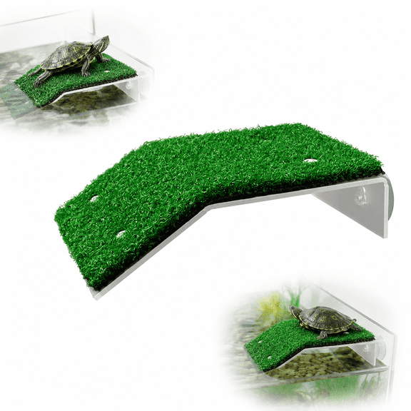Large Turtle Basking Platform with Suction Cups, 5.9-Inch Artificial Grass Aquarium Ramp for Aquatic Turtles, Green, 1 Count