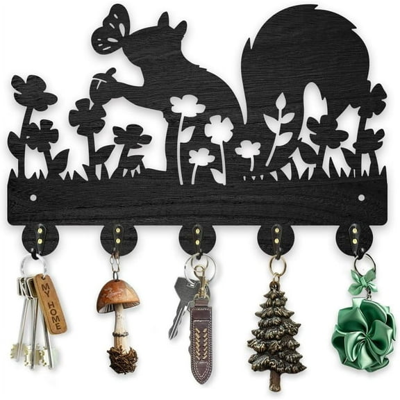 Squirrel Flowers Coat Rack Wall Mount Wood Black Animal Key Hangers for Wall 11.8×7.9inch Decorative Gift Wooden Wall Key Rack Organizer 5 Alloy Hooks for Bedroom Kitchen Garage Entryway