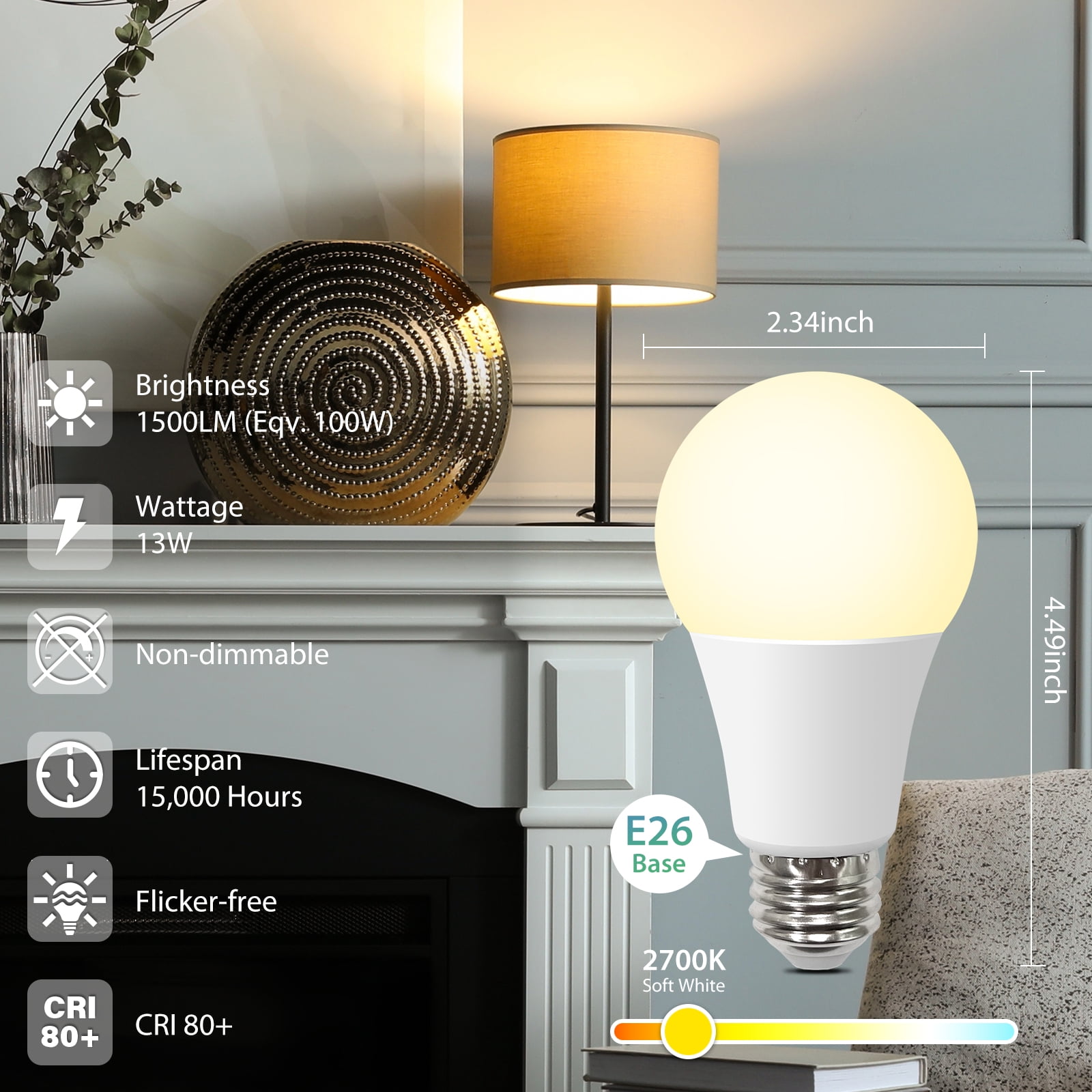 DEGNJU LED Light Bulbs, 13W, 100W Equivalent, Soft White 2700K, A19, E26 Base, 1500 Lumens, Non-Dimmable, 15,000 Hours, 24 Pack
