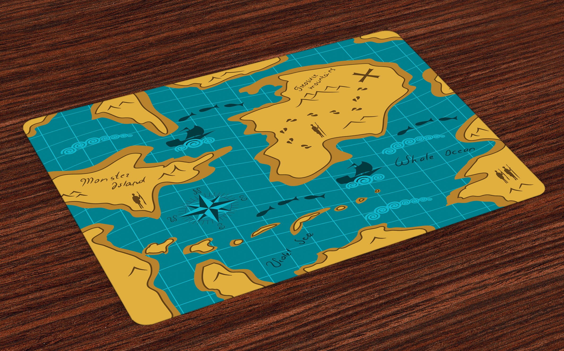 Island Map Placemats Set of 4 Historical Adventure Map Pattern with Sail Boats Direction Route