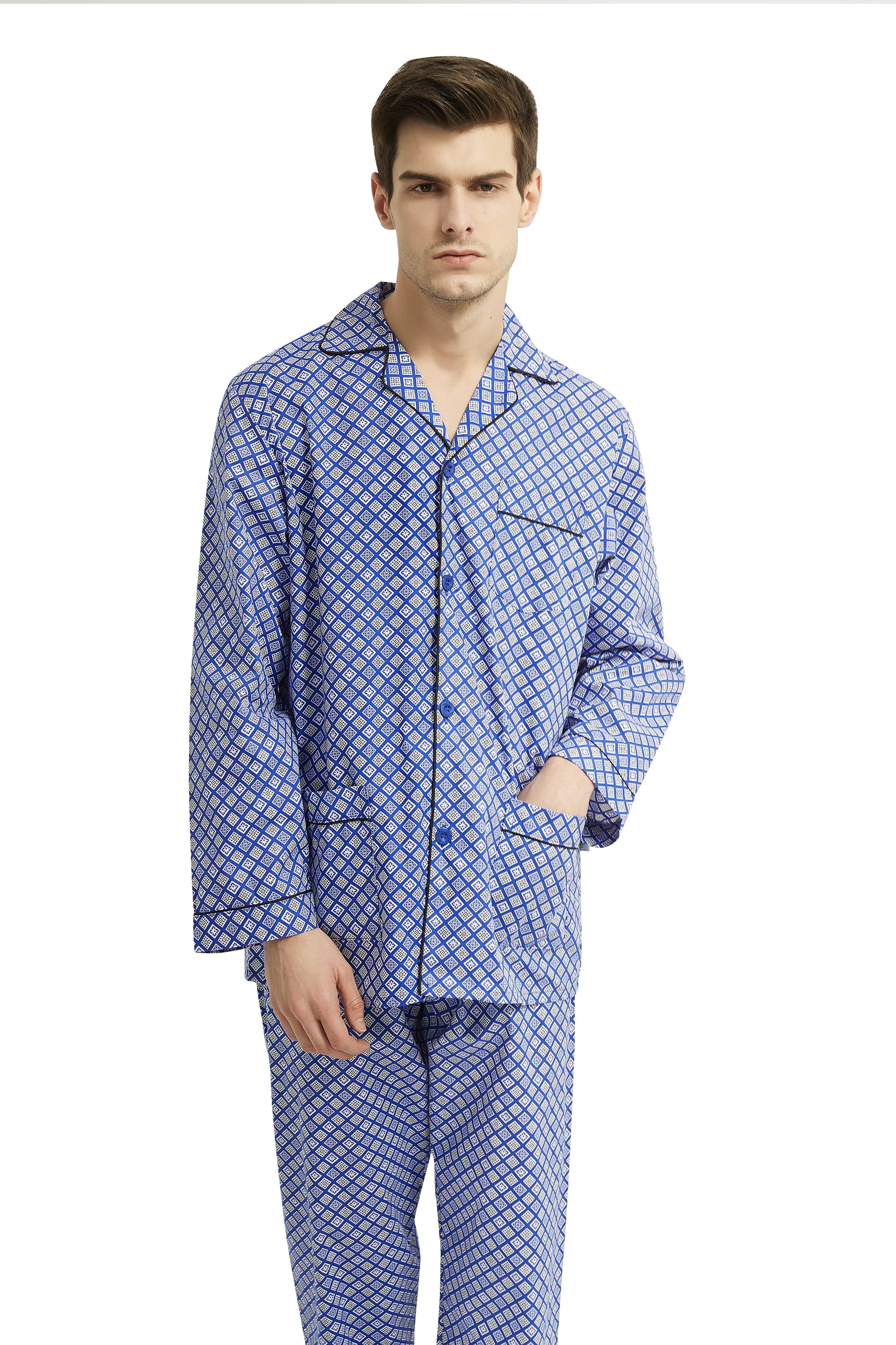 GLOBAL Men's Cotton Notch Collar Pajama Set with Pockets, 2-Piece, Sizes S  to 3XL