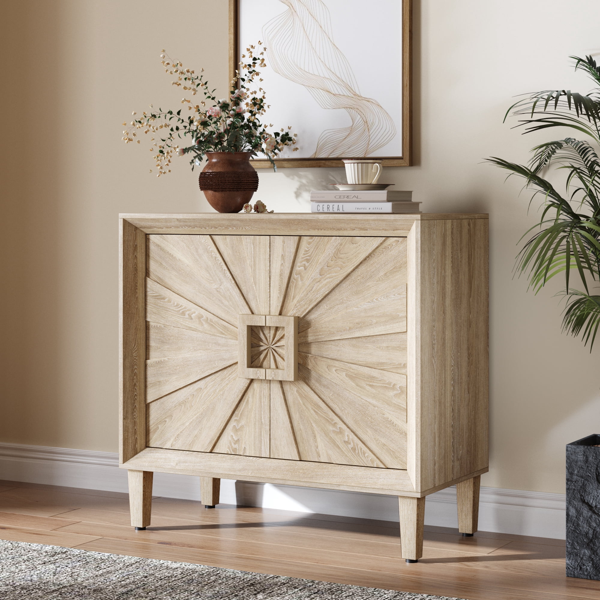 31.5" Antique Natural Mid-Century Modular Credenza Sideboard Buffet, Small Space Cabinet with Symmetrical Sunburst Doors, Accent Cabinet with Adjustable Shelves for Dining Room, Entryway & Hallway