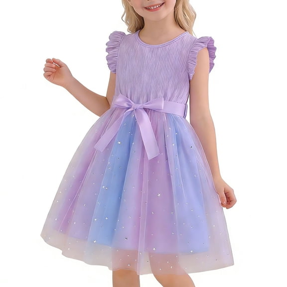 BLTIBY Toddler Girls Tulle Dress Ruffle Sleeve Fluffy Bow Dresses Tutu Princess Dress Birthday Party Dresses Summer Clothes Purple 3 5-6Years