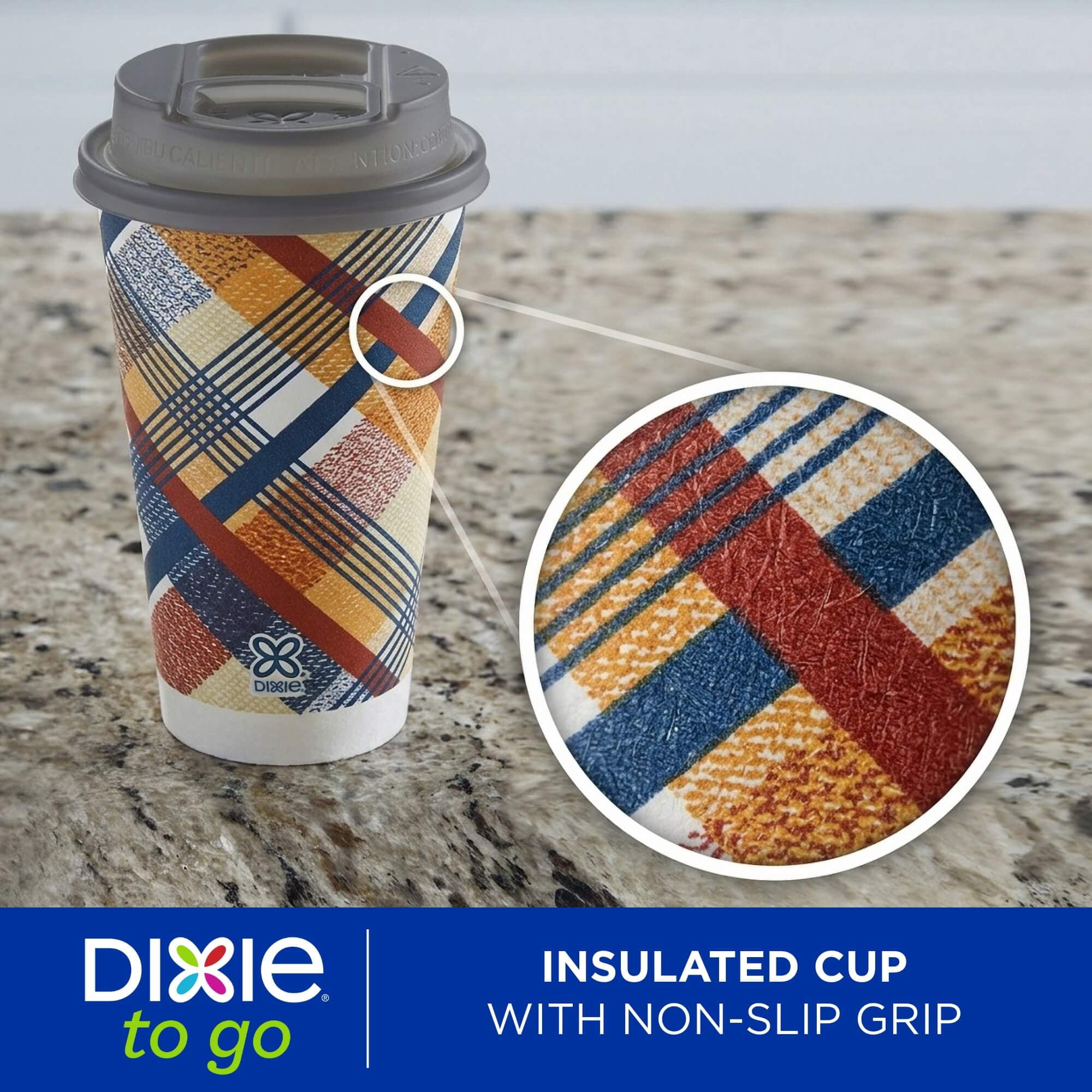 Dixie To Go 16 oz Disposable Paper Cups with Slider Lid, Cozy Plaid, 18 Count