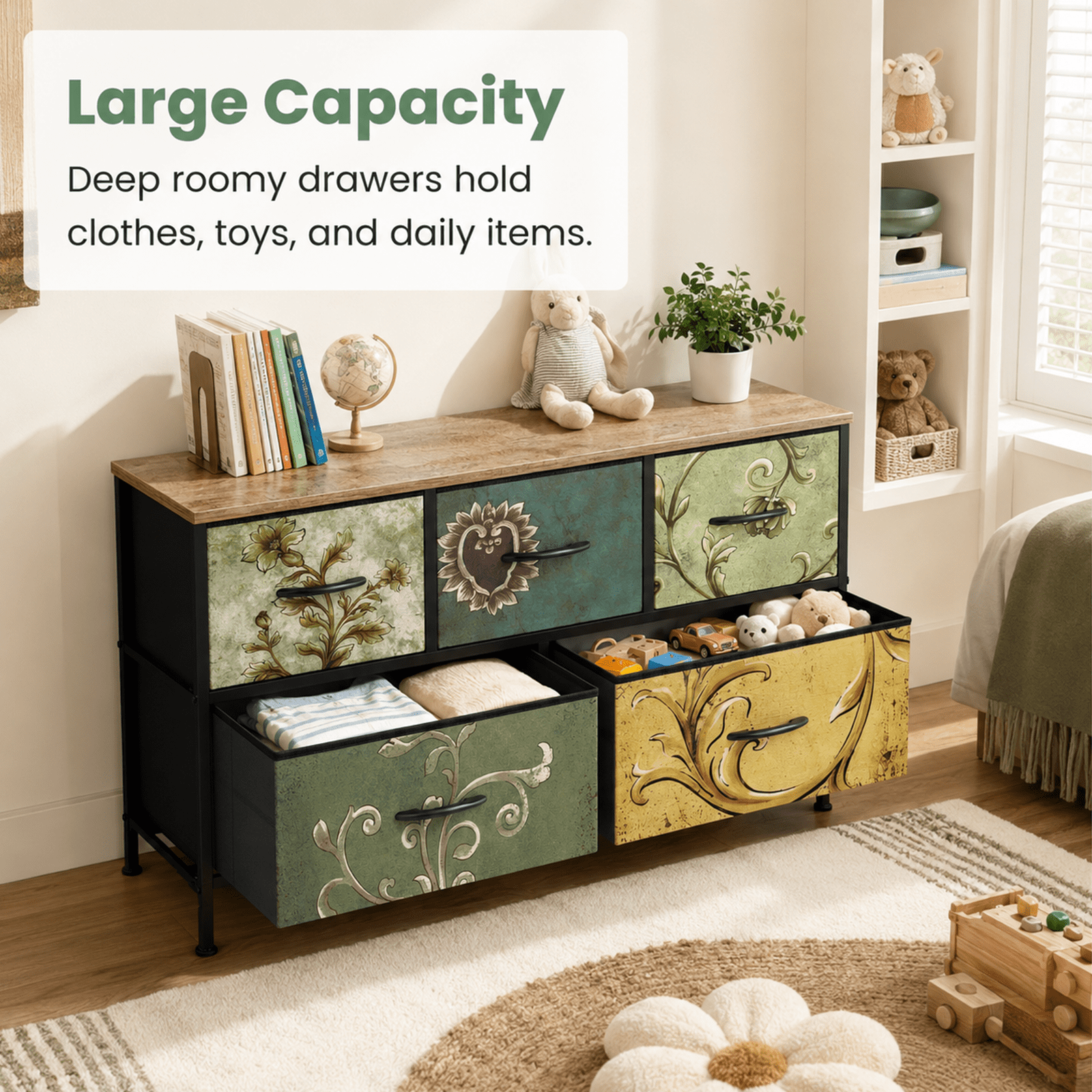 Alvantor 4/5/7/8/9-Drawer Dresser, Fabric Storage Tower for Bedroom, Hallway, Entryway, Closet, Tall Chest Organizer Unit with Fabric Bins, Steel Frame, Wood Top, Easy Pull Handle, Floral Painted