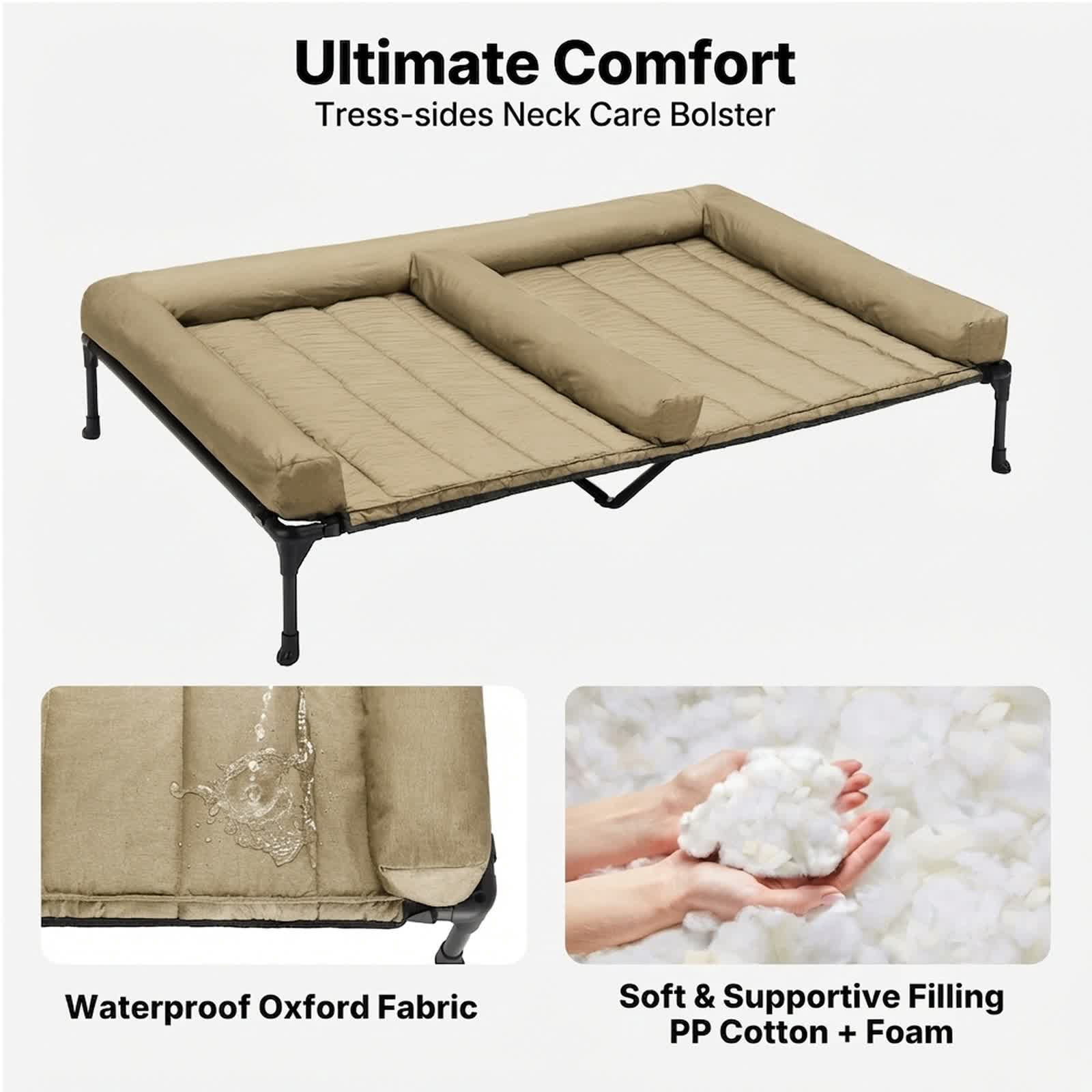 Veehoo Cooling Raised Dog Bed + Removable Double Dog Bed Cushion for Two Medium Dogs, Elevated Dog Bed with Waterproof Bolster Mat, Breathable Mesh, No-Slip Feet, 49" x 33" Dog Couch Bed, Beige
