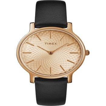 Timex Women's Metropolitan 34mm Black/Rose Gold-Tone Watch, Leather Strap