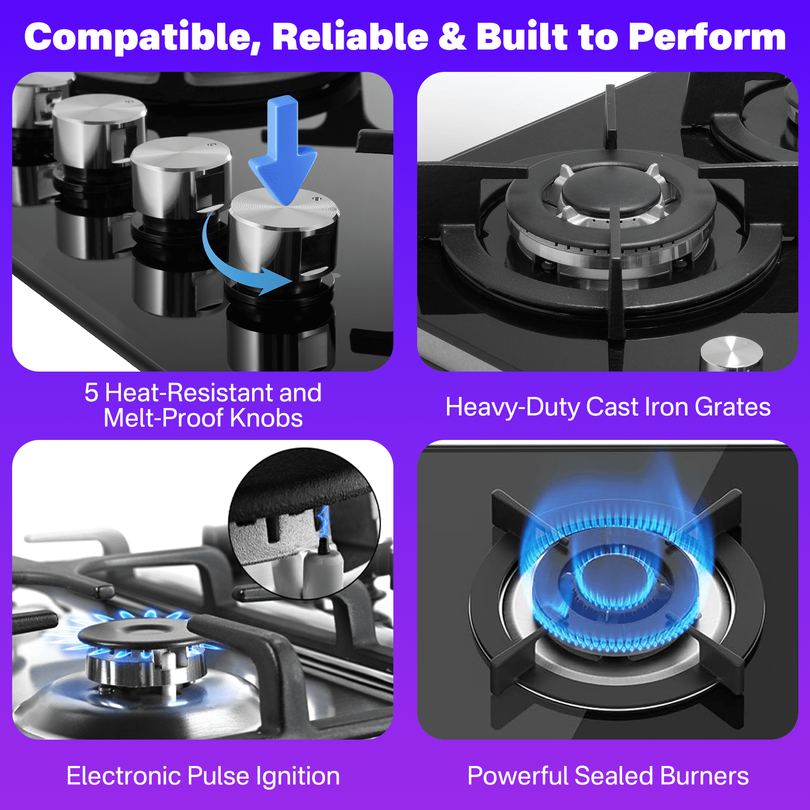 Graceall Kitchen Gas Stove Top with 5 Burners,Built-in Tempered Glass Gas Cooktop, LPG/NG Propane Stove Top For Cooking,NG/LPG Convertible,Thermocouple Protection,35900BTU