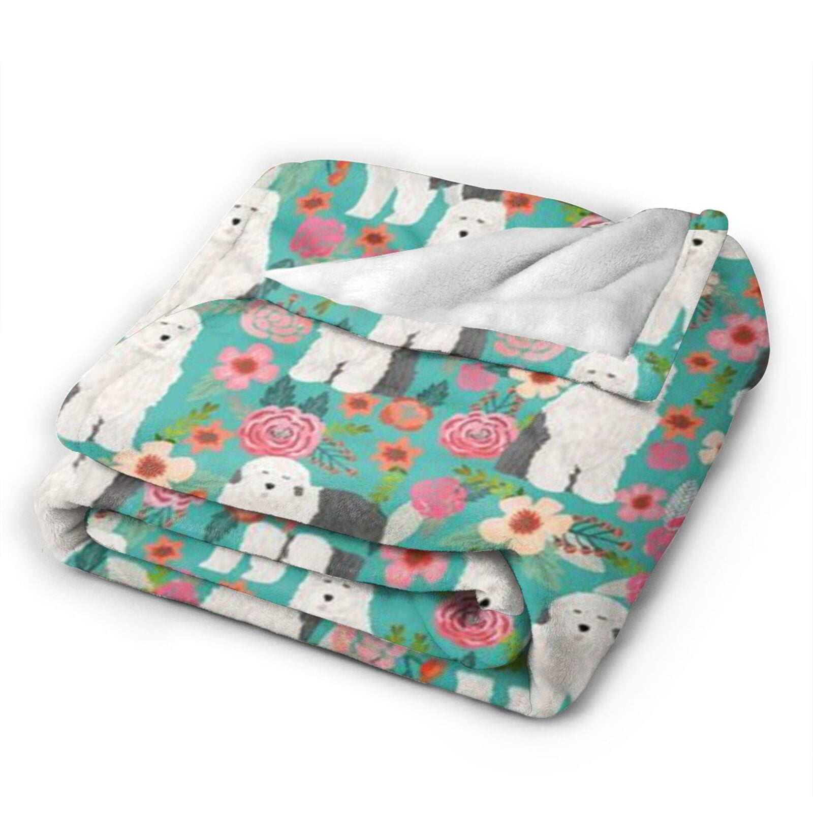 Wijzvio Old English Sheepdog Dogs Lovers Flower Floral Throw Blanket Soft Fuzzy Fleece Blanket For Couch Bed Living Room Decoration 50"X40"