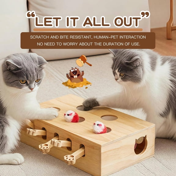 Wooden Whack-a-mole Interactive Cat Toy for Indoor Cats Interactive Pet Toy Box Cat Puzzle Toy for All Ages Cats for Indoor Play Exercise (5 Holes)