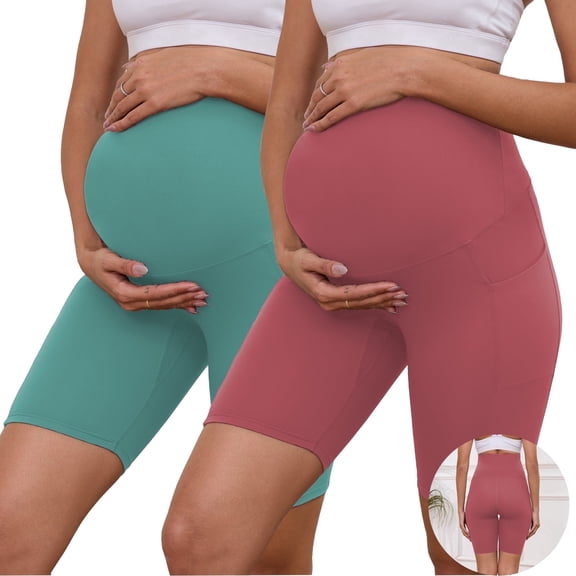 Bearsland Women's Plus Size Butterluxe Maternity Shorts over The Belly Pregnancy Yoga Shorts Workout Athletic Biker Shorts 2-Pack
