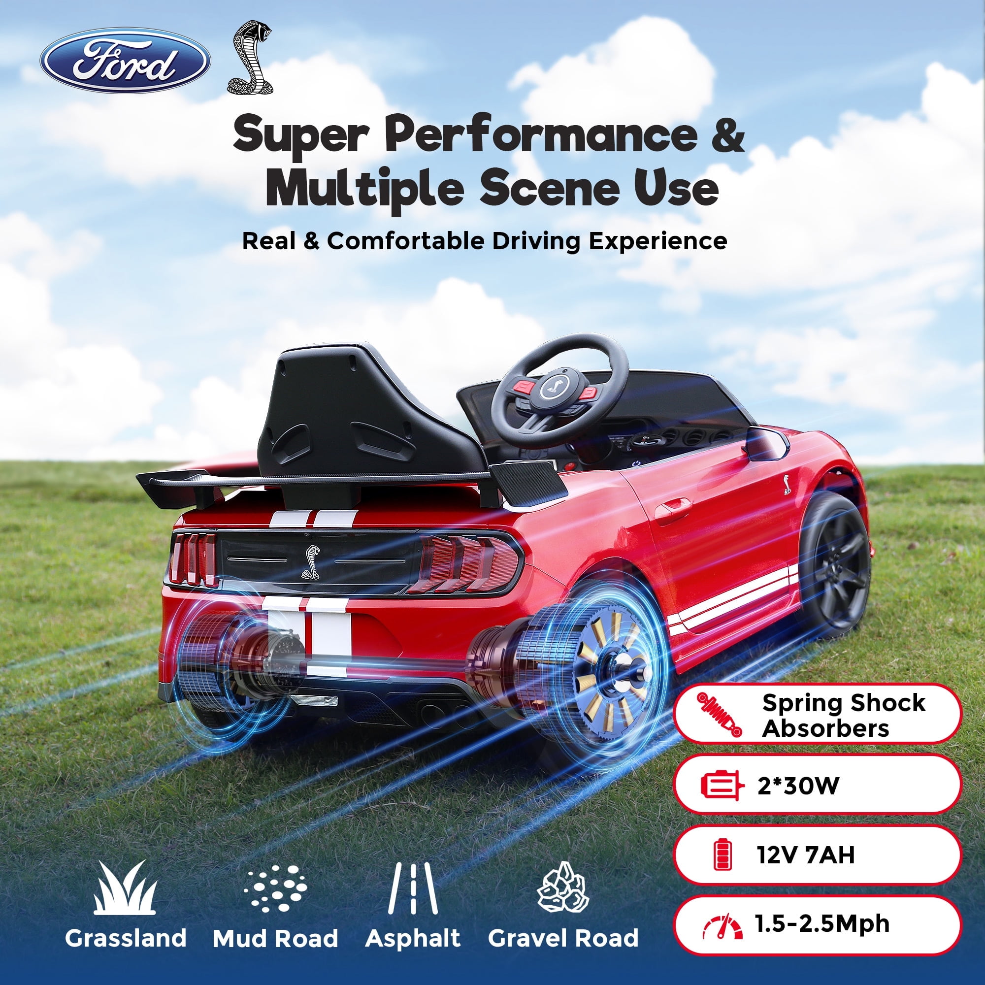 FUNTOK Licensed Ford Mustang GT500 12V 7AH Kids Electric Ride on Car Toy,16" Seater Battery Powered Car Truck with Remote Control,Bluetooth,3 Speeds,LED Headlight,Music Player & Spring Suspension