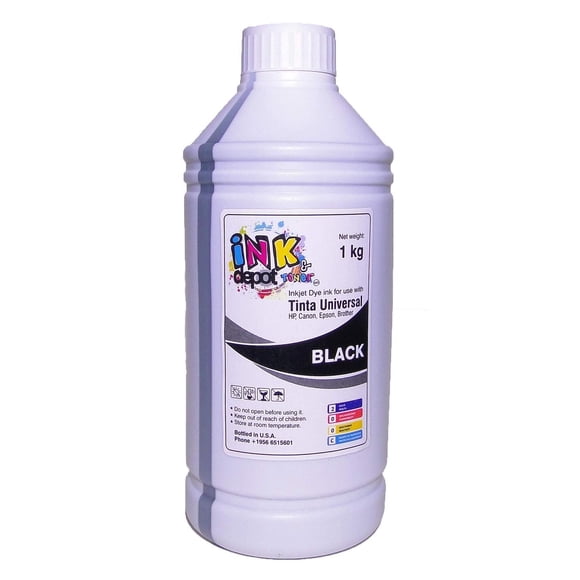 Ink Depot Litro de Tinta Premium Universal Marca, Dye Compatible con EPSON, HP, Canon, Brother (Negr