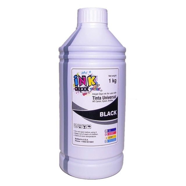 Ink Depot Litro de Tinta Premium Universal Marca, Dye Compatible con EPSON, HP, Canon, Brother (Negr
