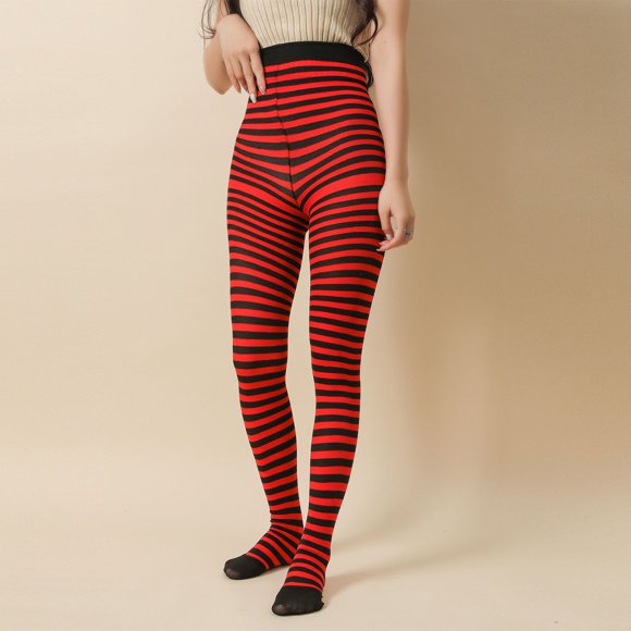 Fgnfyis Women's Halloween Shaping Sheer Tights with Contrast Striped Pattern Halloween Socks Red