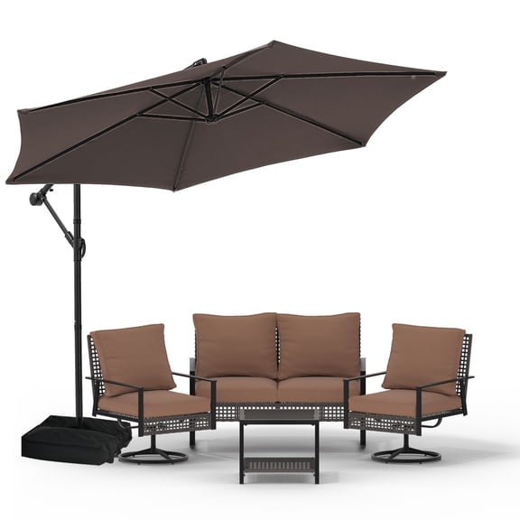 Autlaycil 6 pcs Patio Furniture Set, 10ft Cantilever Offset Patio Umbrella and Base, Wicker Rattan Rocker Loveseat, Swivel Rocking Chairs, Coffee Table - Brown