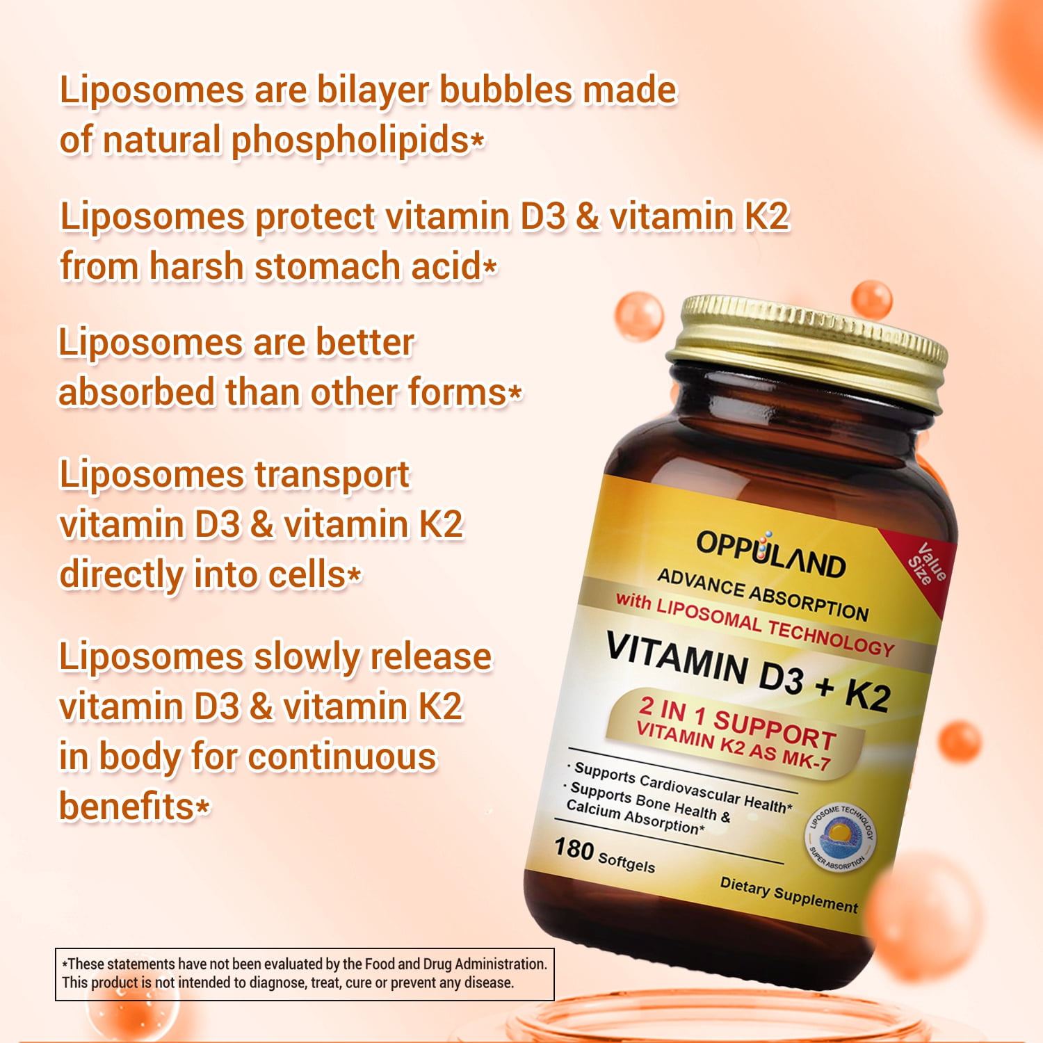 Oppuland 2 in 1 Vitamin D3K2 D3 5000 IU + K2 (MK-7) 100 MCG | 180ct Liposomal Softgels Supporting Bone Health, Calcium Absorption and Heart Health