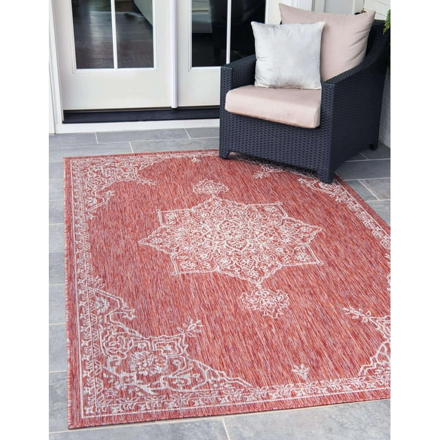 Unique Loom Tapis de Transition Classique Traditionnel Collection Médaillon d'Intérieur et d'Extérieur, 4 x 6 Pieds, Rouille Rouge/gris