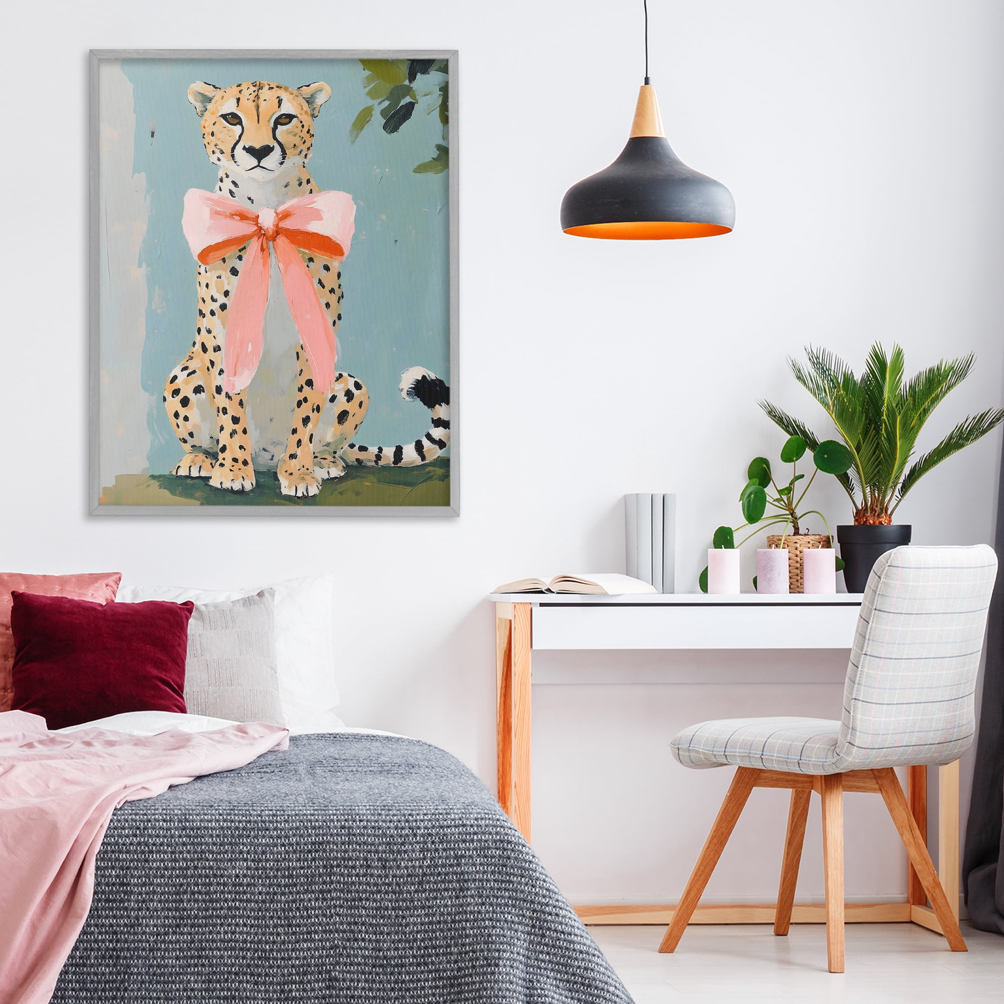Stupell Industries Cheetah with Big Pink Bow Gray Framed Giclee Art, design by The Prints Vibe