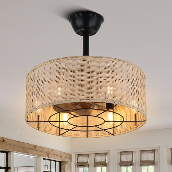 Bella Depot 6-Light Bohemian Hand-Woven Caged Ceiling Fan with Dimmable Light and Remote Control, 3-Speed Rustic Chandelier