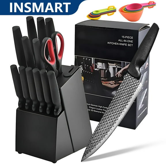 INSMART 15-Piece Kitchen Knife Set with Block,Knives Sets German Stainless Steel,Non-Stick Knives,PP Handle,Dishwasher Safe Black