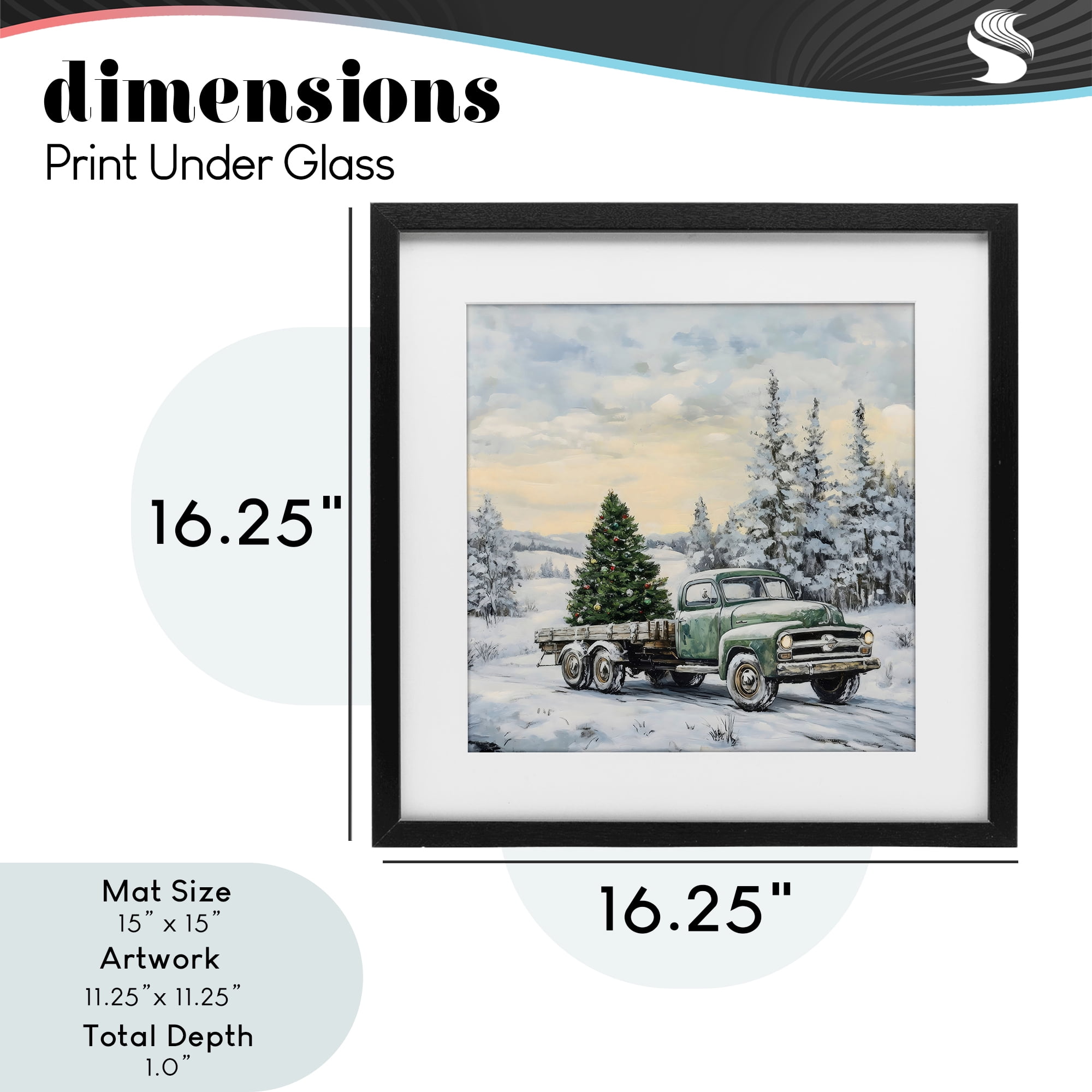 Green Christmas Tree Truck Black Framed Print Under Glass, design by Petal Prints Design