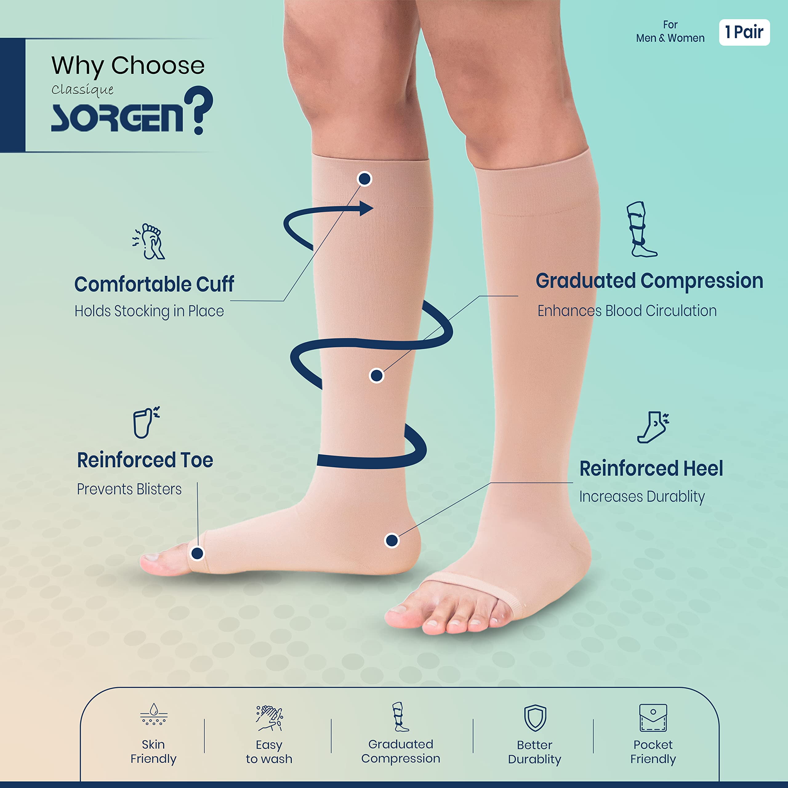 Sorgen Classique (Lycra) Medical Compression Stockings for Varicose Veins  Class 2 Knee Length in Eco-Friendly Zip Pouch. (XXL) 