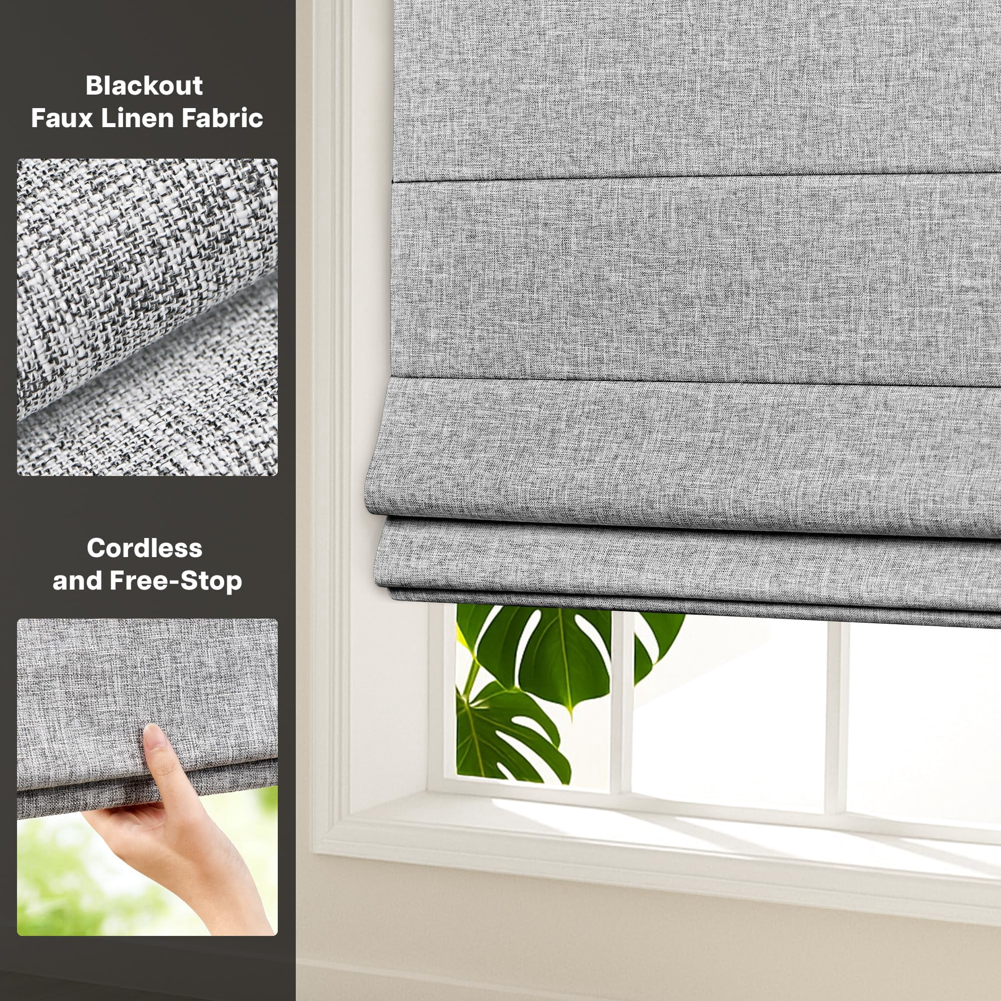 LazBlinds No Tools No Drill Cordless Roman Shades for Windows, Blackout Thermal Insulated UV Blocking Window Blinds, Lightweight Fabric Blinds for Indoor Windows, 24" W x 60" H, Blackout - Grey