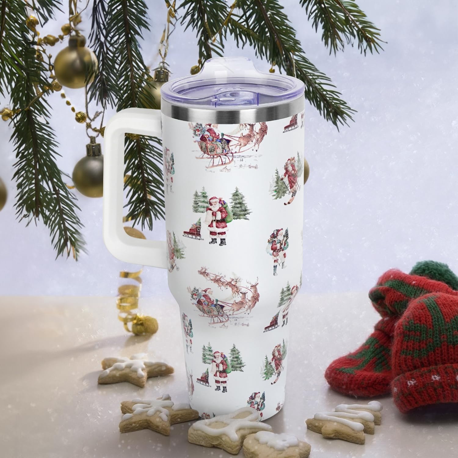 Baiheyi Christmas Santa Claus Sleigh Tumbler with Handle and Straw Lid 40 oz,Cute Christmas Gifts for Women Vacuum Insulated Leak Proof Tumbler,Winter Holiday Accessories
