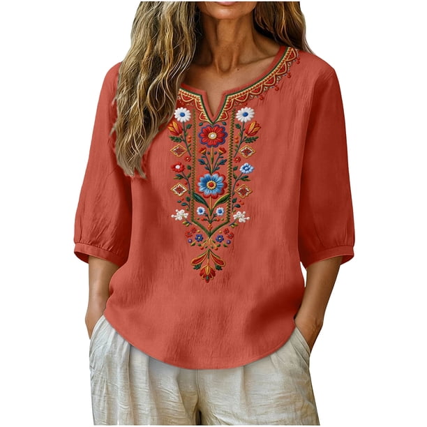 Neewe Women's Embroidered Tops 3/4 Sleeve Traditional Boho Shirts for Women V Neck Peasant Tunic Blouses