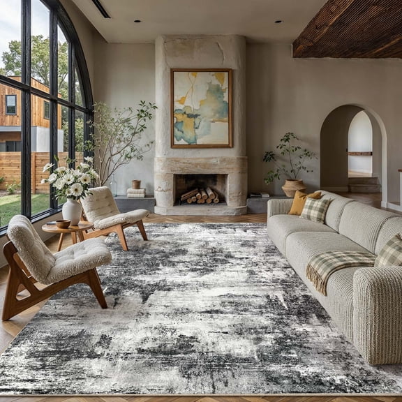 BERTHMEER 9'x12' Large Area Rugs for Living Room Bedroom Office Dining Room Black Neutral Modern Non Slip Washable Abstract Rugs