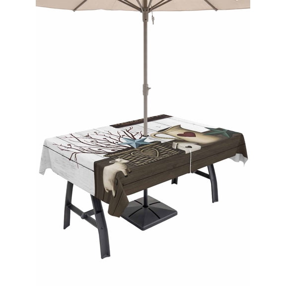 Outdoor Tablecloth with Umbrella Hole and Zipper, Texas Stars Vintage Rectangle Table Cloth 52x70 Inch Waterproof Tablecloth, Bless OurHome Pots Country Wooden Plank Picnic Table Cover for Patio