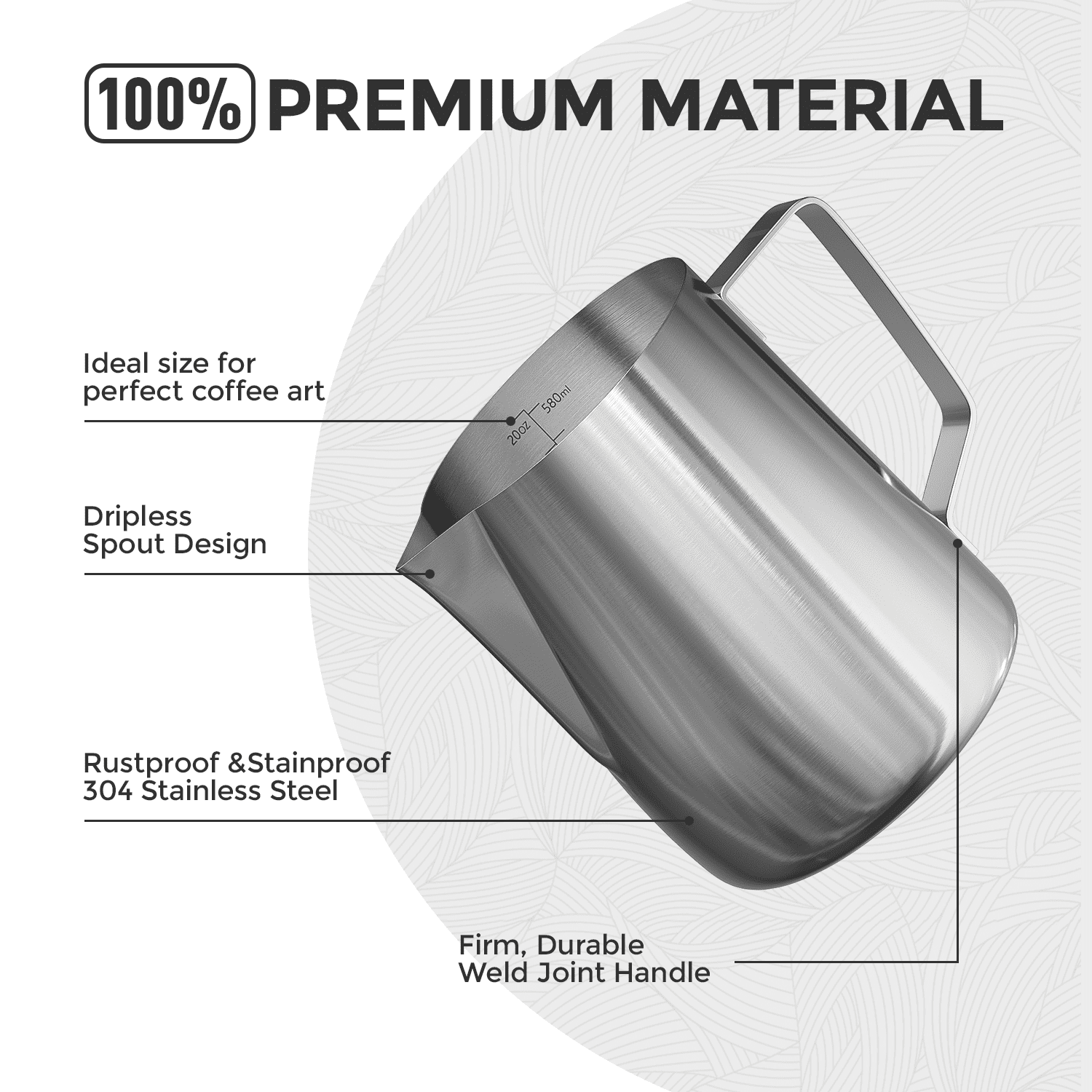 Milk Frothing Pitcher 20 OZ Frothing Jug 304 Stainless Steel Pitcher 600ML Espresso Steaming Pitcher for Latte Arts/Espresso/Cappuccino