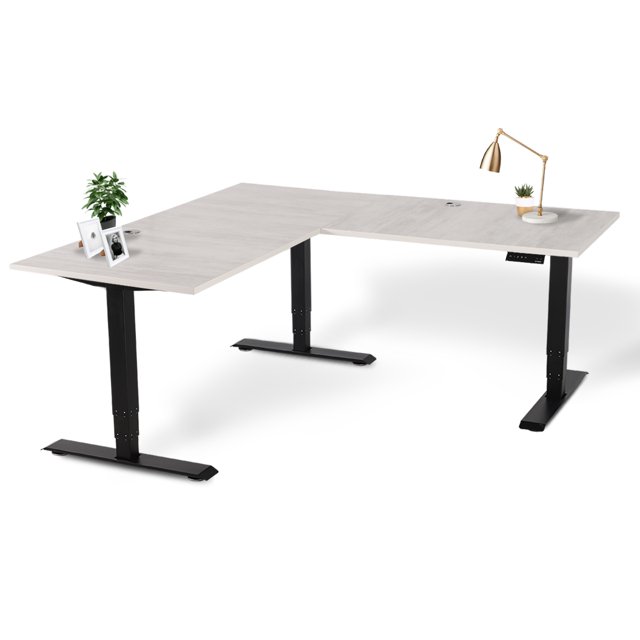 EFFYDESK Executive L-Shaped Height Adjustable Home Office Computer Standing Desk with Cable Management Tray (71"×71") Oak White on Black Frame