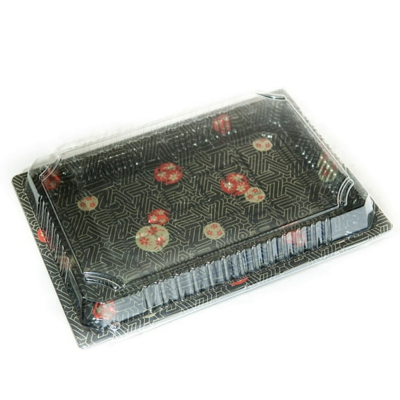 EcoQuality TZ-025 Disposable Black Sakura Design Take Out Sushi Trays with Clear Lids 10 1/4" X 7 3/8" X 7/8" (42)