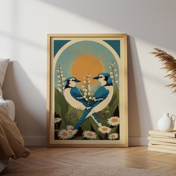 Blue Jay Scandinavian Folk Art Wall Print, Unframed Paper Print Size 8x12